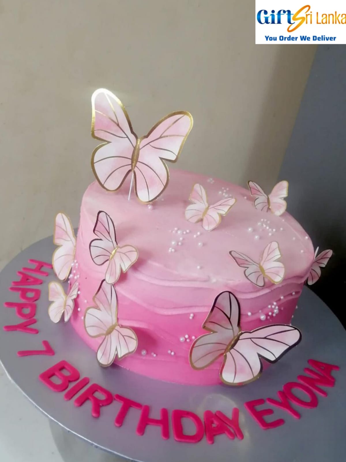 1kg Pink Gradient Ribbon Cake with Butterflies and Pearl Embellishments