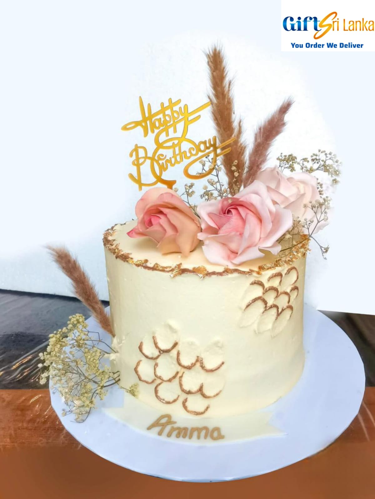 1kg Elegant Ribbon Cake with Sugar Flowers, Pink Roses, and Gold Topper