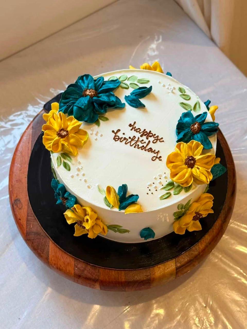 Blue Floral Birthday Cake | Elegant Flower Theme Celebration Cake