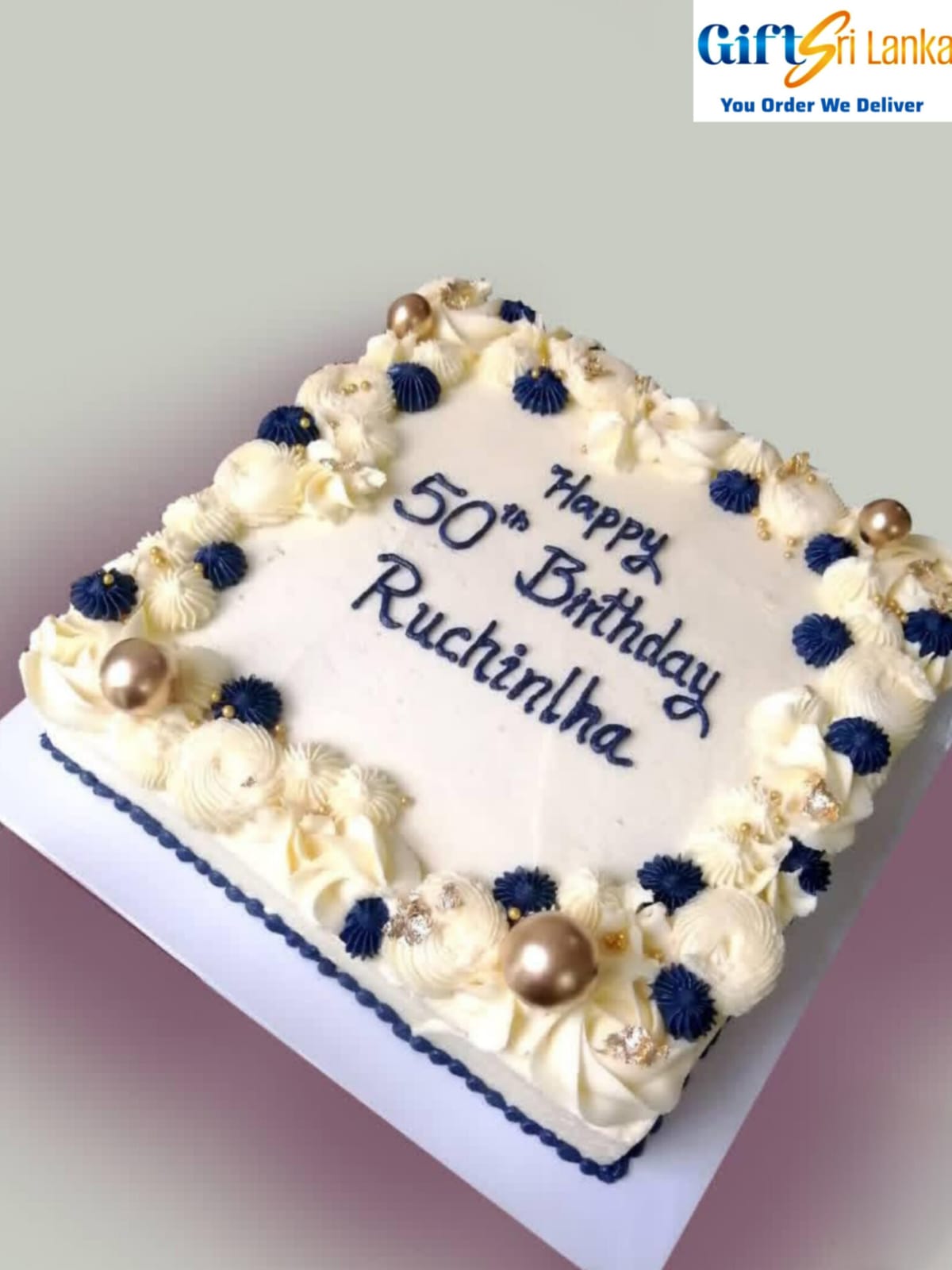 1kg Elegant Square Ribbon Cake with Navy and Gold Buttercream Design