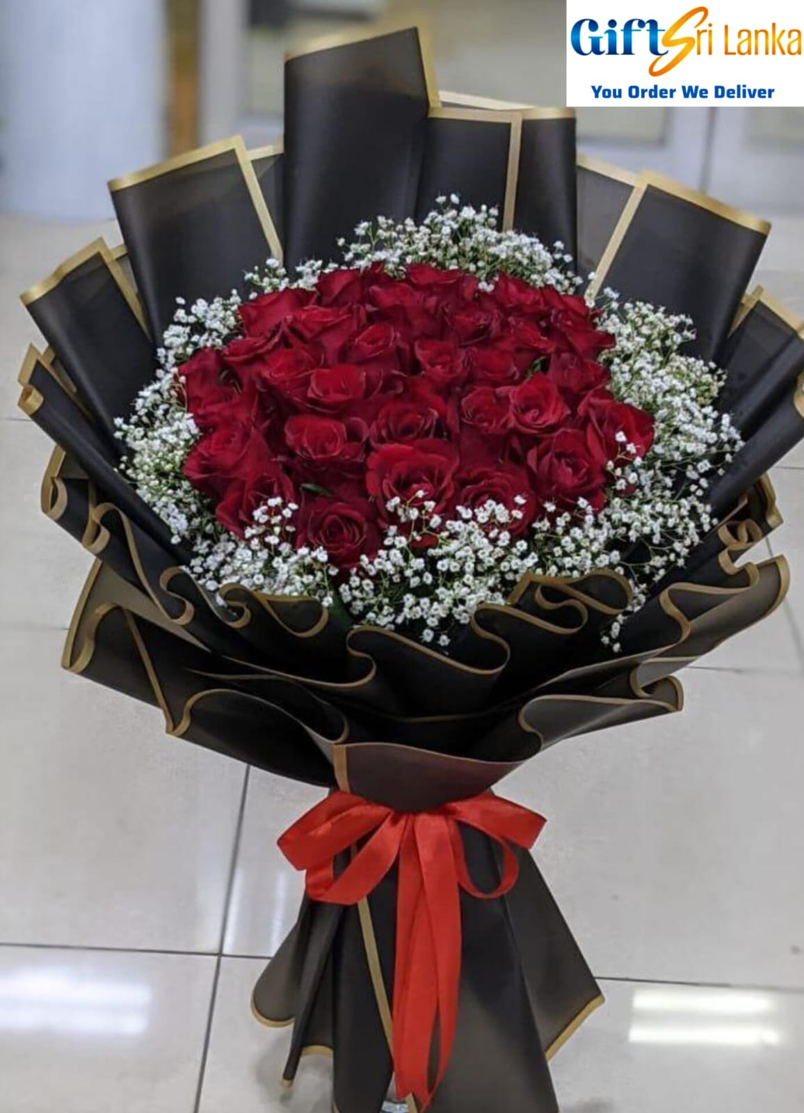 Red Roses with Baby’s Breath – Luxury Black & Gold Bouquet -Red Roses 50, Baby's Breath