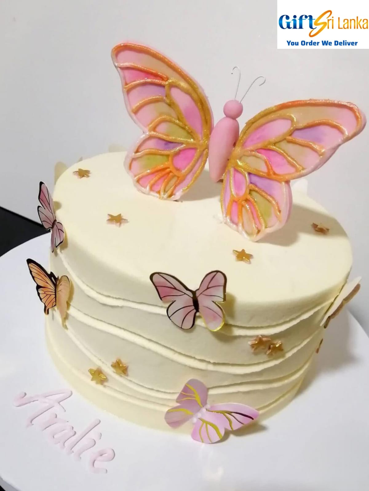 Elegant 1kg Ribbon Cake with Pastel Butterflies and Butter Icing