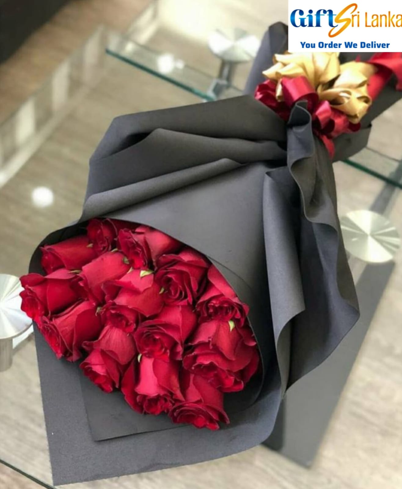 Luxury Red Rose Bouquet in Black Wrap with Gold Ribbon - Red Roses - 15