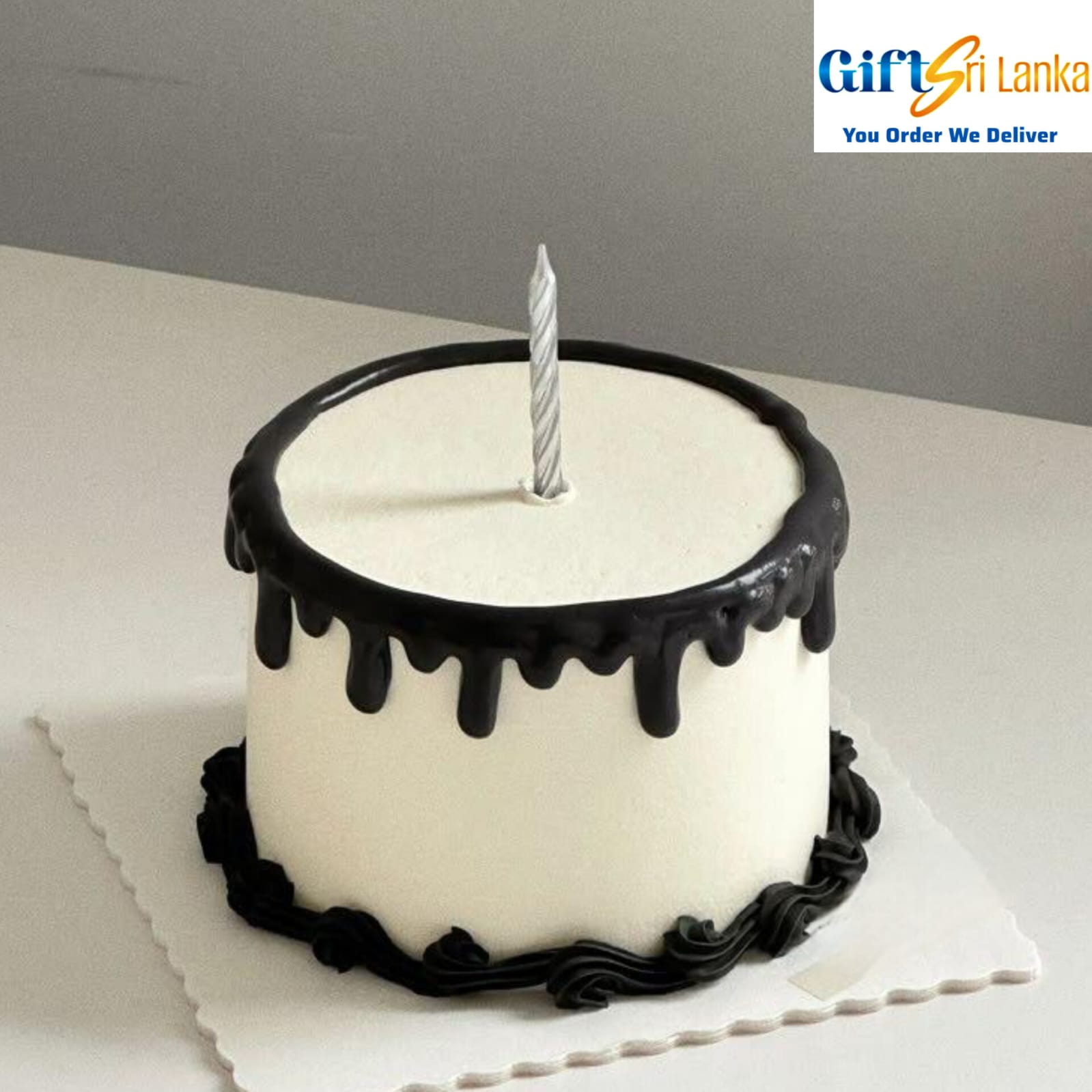 Elegant 1kg Ribbon Cake with Glossy Black Drip and Butter Icing