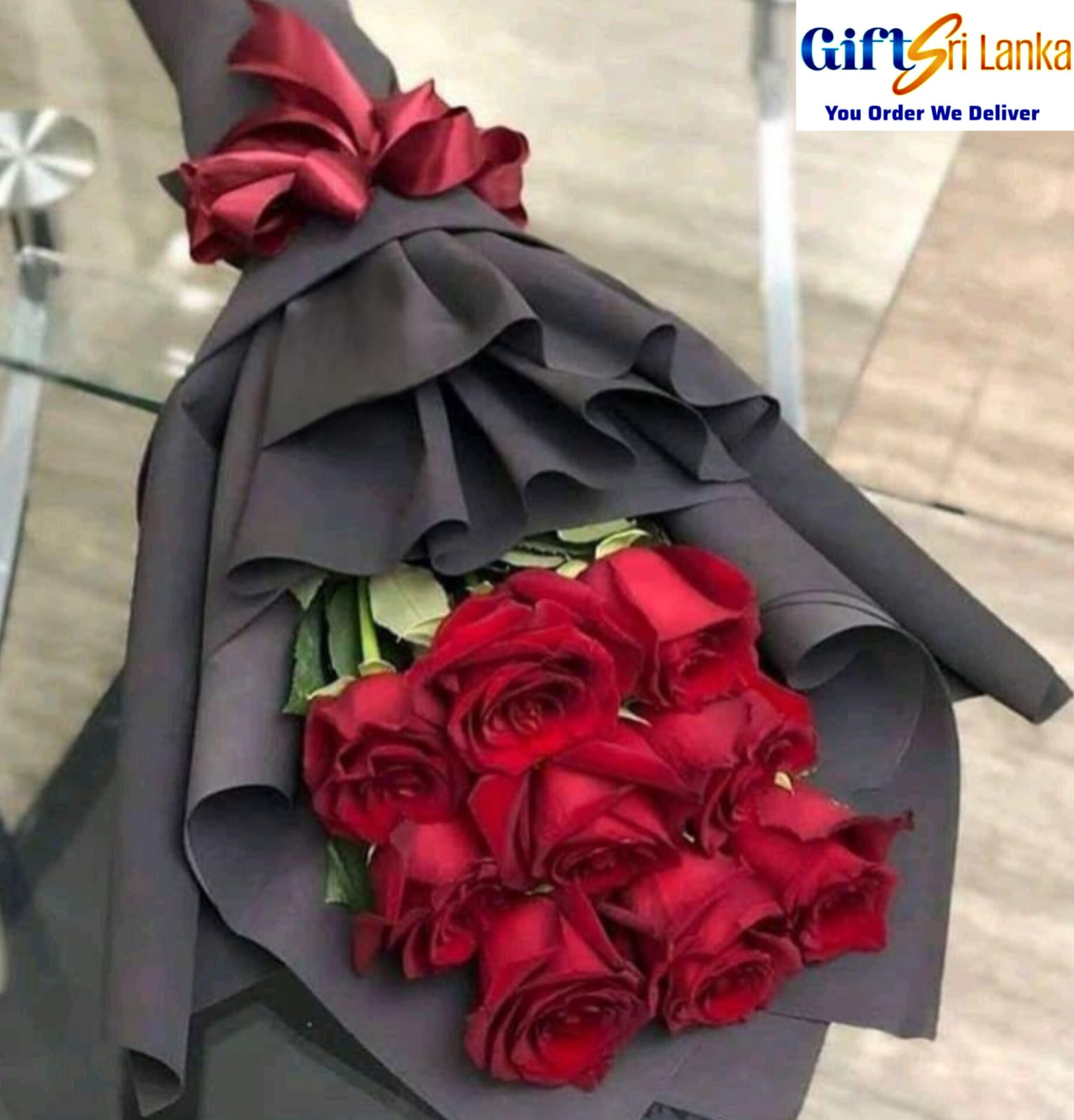 Luxury 9 Red Roses Bouquet with Black Wrap & Burgundy Ribbon
