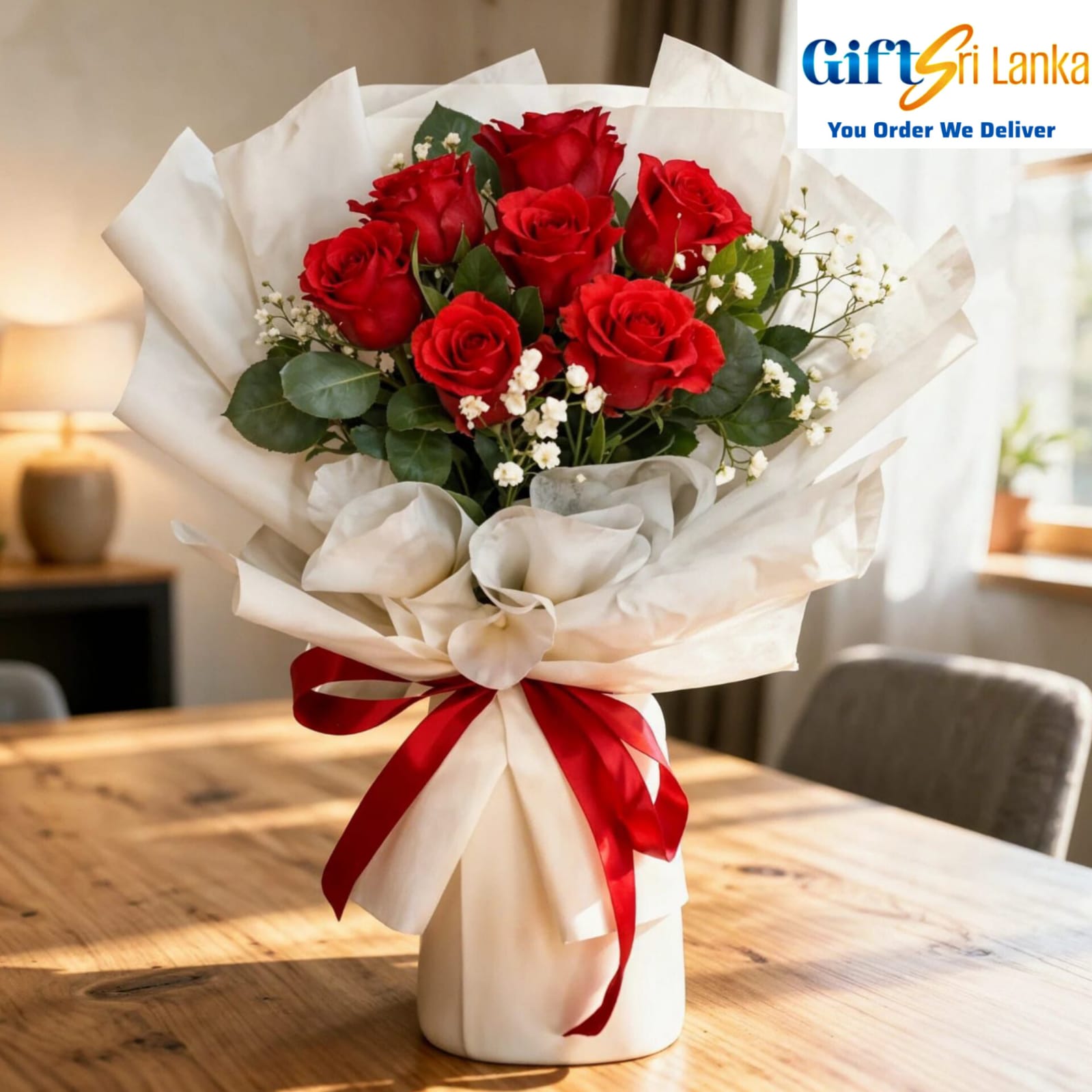 Red Roses & White Fillers Bouquet in Vase Elegant Gift - Red Roses - 07, Baby's Breath